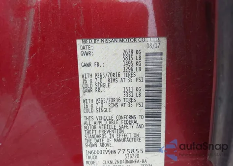 2017 Nissan Frontier Sv z USA, uszkodzony, nr VIN 1N6DD0EV9HN775855